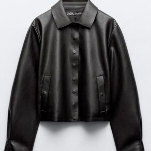 Zara NWTags black faux leather snap front Bomber jacket size S